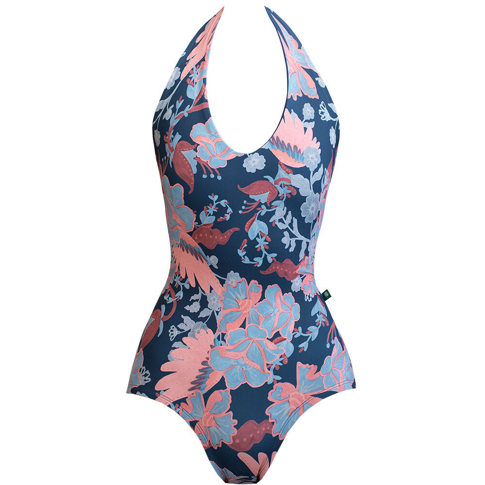 NAVY FLORAL WITH PINK WINGS HALTER LEOTARD