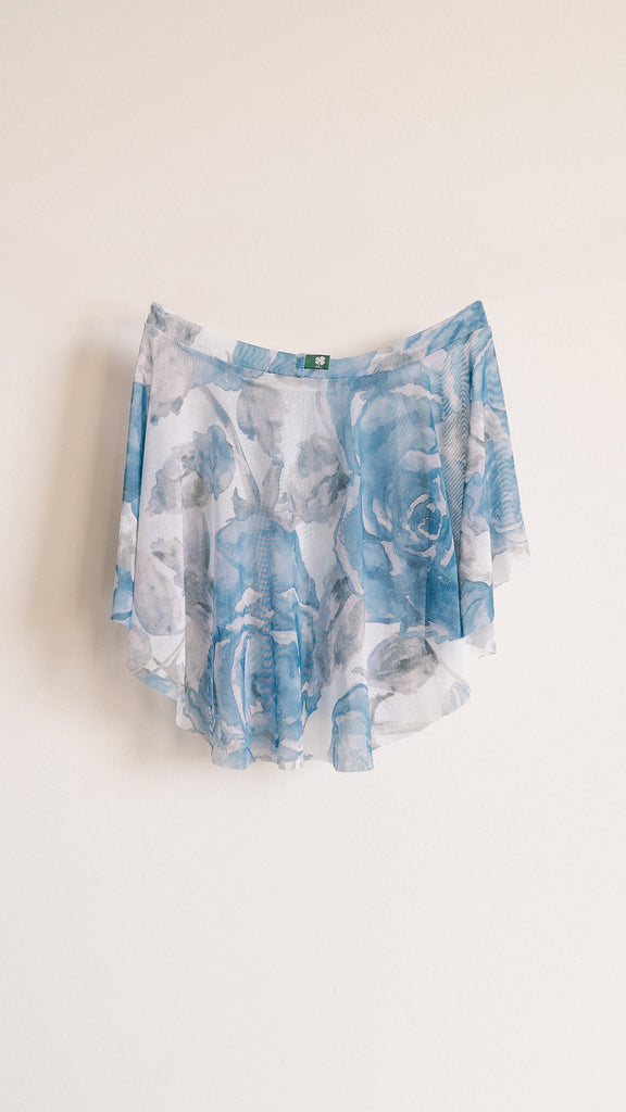 Short pull-on ballet skirt in mesh floral blue roses print from Luckyleo Dancewear for dance classes in women's and girl's sizes with SAB style design