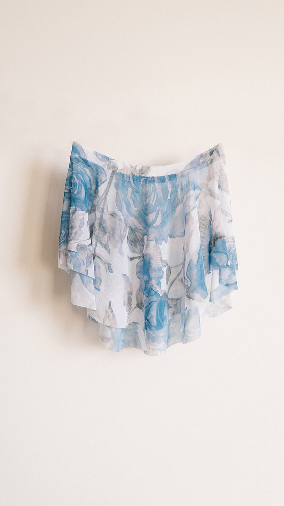 Short pull-on ballet skirt in mesh floral blue roses print from Luckyleo Dancewear for dance classes in women's and girl's sizes with SAB style design